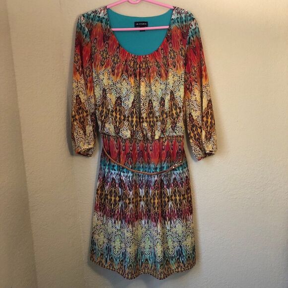 I.N. Studio Women's Sheer Dress Size 14 Ethnic Print Retro 70s Style Boho Chic - Picture 1 of 12